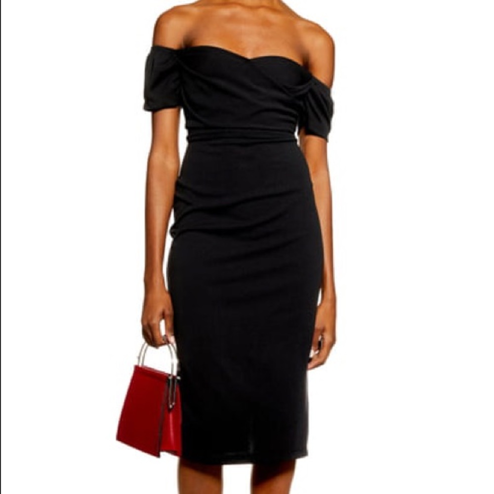 OFF THE SHOULDER WRAP MIDI DRESS IN BLACK
